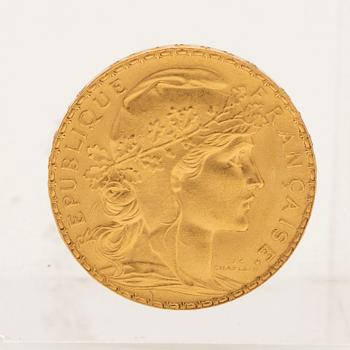 Guldmynt, 21.6k, "Liberté Égalité Fraternité", 20 francs, Frankrike, 1907.