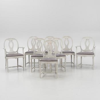 A suite of 6 Gustavian style chairs and 2 armchairs, later part 20th century.