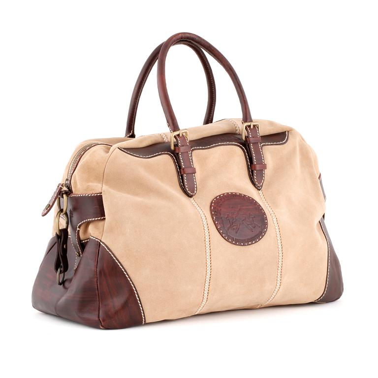 LA MARTINA, a beige suede and brown leather weekend bag.