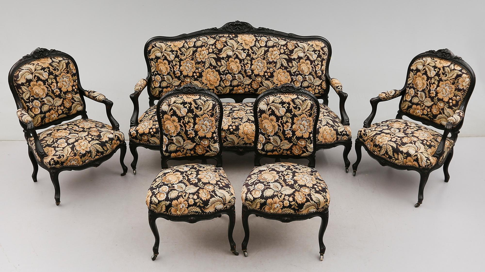 SALONGSGRUPP, 5 delar, rokokostil, 1800-talets andra hälft.