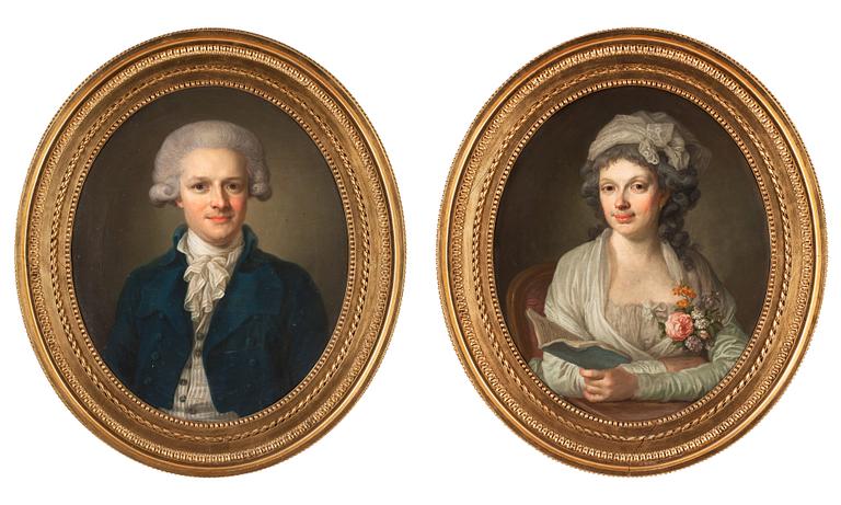 Lorens Pasch d y Tillskrivna, Herre iklädd blå justacorpe och dam iklädd vit klänning.