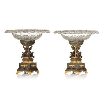 163. A pair of French late Empire ormolu, patinated bronze and cut glass tazze, first part 19th century.