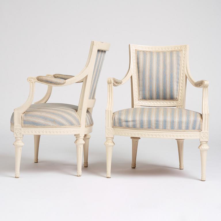 A pair of Gustavian armchairs, second part of the 18th century.