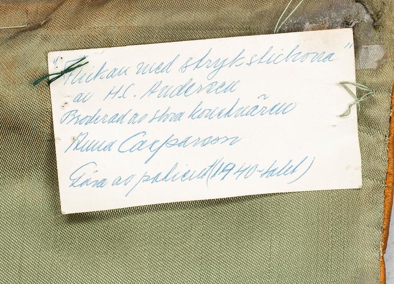 Anna Casparsson, an embroidery, "Flickan med strykstickorna av H.C. Andersen", ca 30,5 x 30,5-31,5 cm.