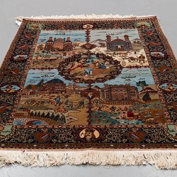A RUG, probably Tabriz, figural, the "Four seasons", ca 233 x 159 cm (as well as 1,5 cm flat weave at the ends).