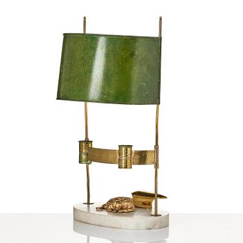 A late-Gustavian ormolu, tole-peinte and marble two-light reading light, Stockholm, late 18th century.