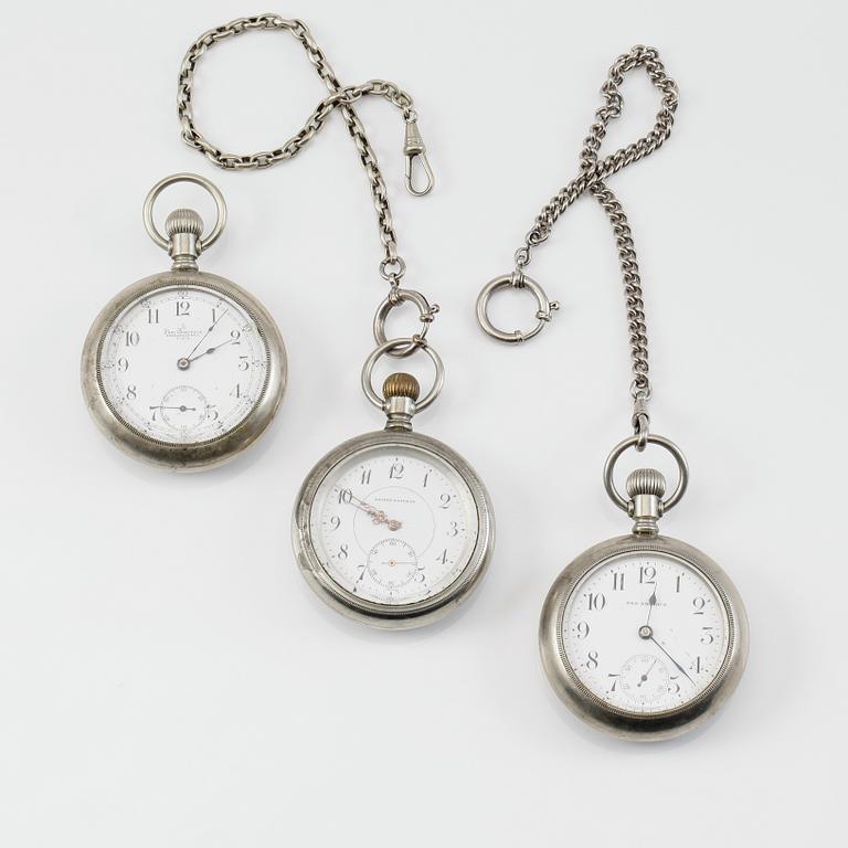 FICKUR, 3 st, nickel, Pan-America och Boston Watch Co, USA, 1900-talets första hälft.