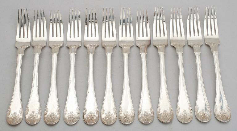 MATGAFFLAR, 12 st, silver, Hans Georg Voght, Kristianstad 1850. Vikt ca 830 g.