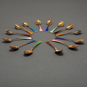 J TOSTRUP, 14 silver gilt and enamel coffee stoons from Oslo, Norway.