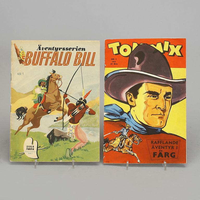 SERIETIDNINGAR, 2 st. Tom Mix, nr 1 1953 och Algas Serietidning Buffalo Bill nr 1 1947.