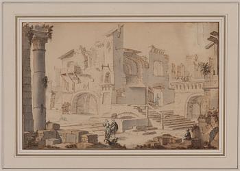 Unknown artist, 18th century, Ruin landscape with figures.