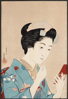 577. GOYO HASHIGUCHI (1880-1921), färgträsnitt. Japan, daterad 1920, "Skönheten som sminkar sig".