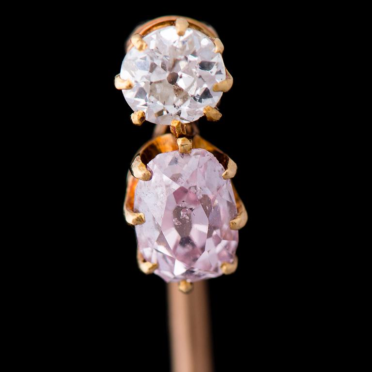 A TIE PIN, old cut light pink diamond, old cut diamond, 14K gold.