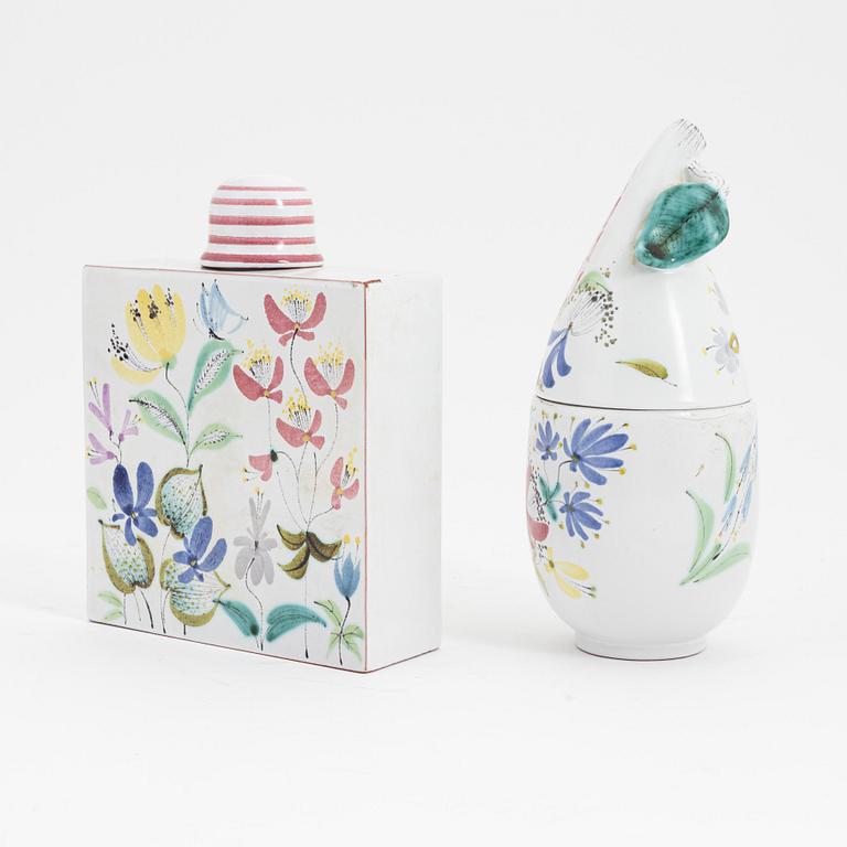 Stig Lindberg, plunta och burk med lock, fajans, Gustavsbergs studio.