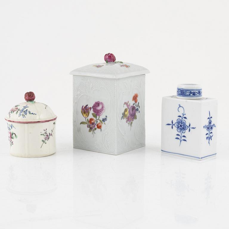 Two German tea caddies and a Swedish custard cup with cover, 20th/18th Century.