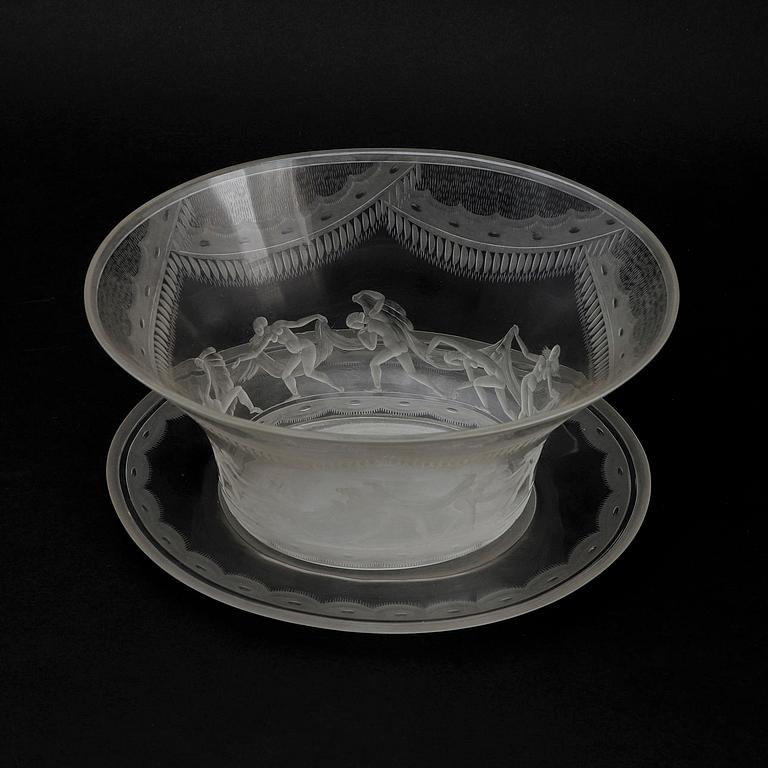 Simon Gate, bowl with plate "Slöjdansen" Orrefors 1919.