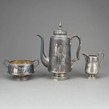 KAFFESERVIS, 3 delar, silver, Gustav Dahlgren, Malmö, 1871. Total vikt ca 990 gram.