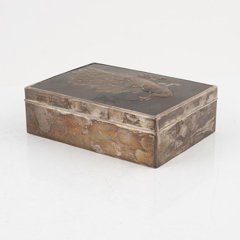 A Japanese silvered box, 20th Century. Signed.