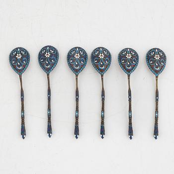 6 enamel spoons, Moscow, Russia, 1882-1890.