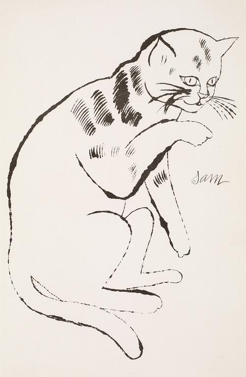 Andy Warhol, "Sam with his paw up", ur: "25 Cats name[d] Sam and one Blue Pussy".