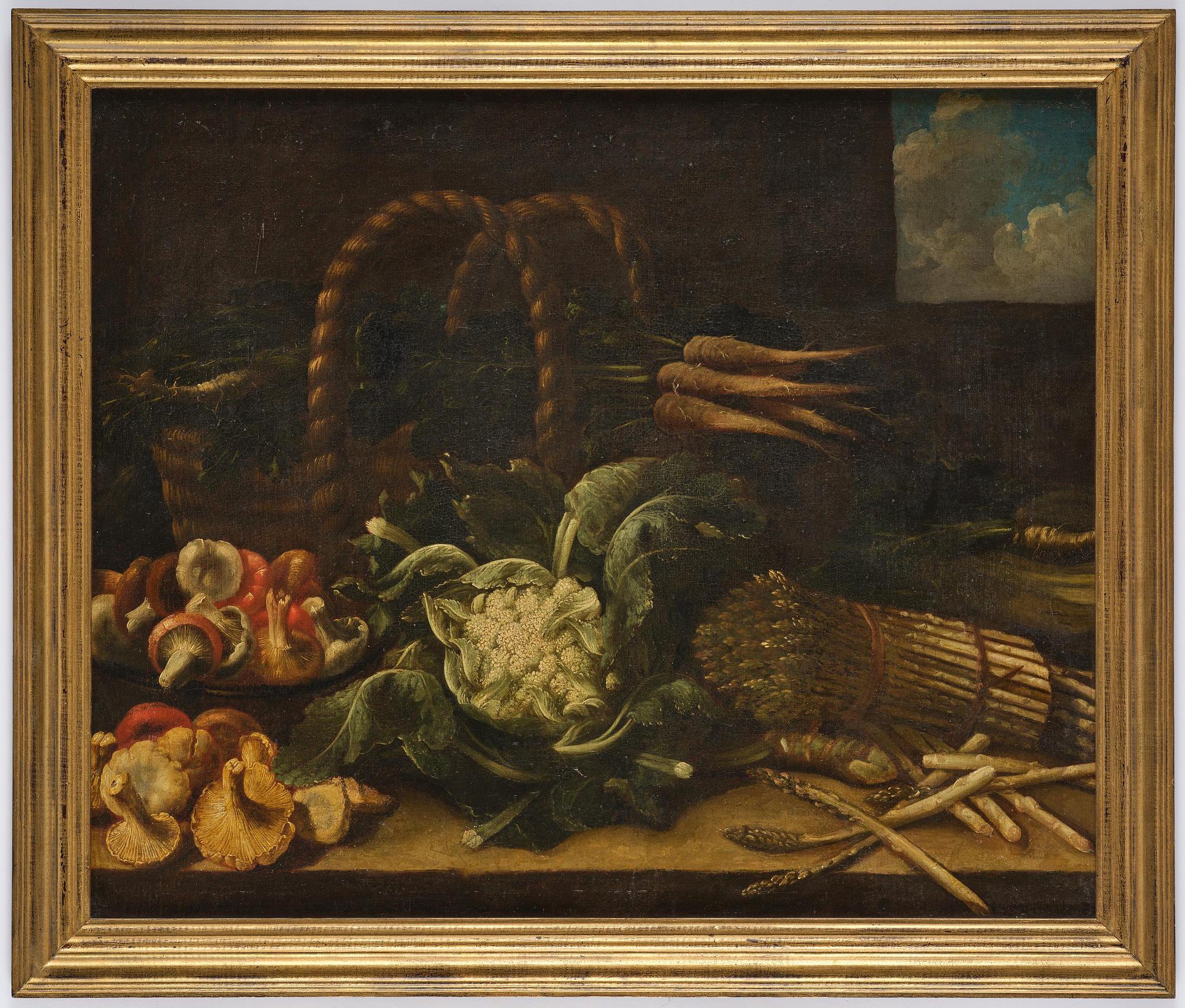 Simone del Tintore, follower of, Still life with asparagus, mushrooms, cauliflower, and turnips.