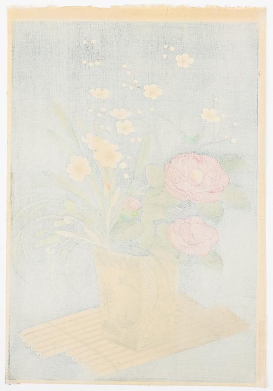 Ohno Bakufu, Motif of a bird and flowering roses, and a vase with prunus, peonies, daffodils and an orchid.