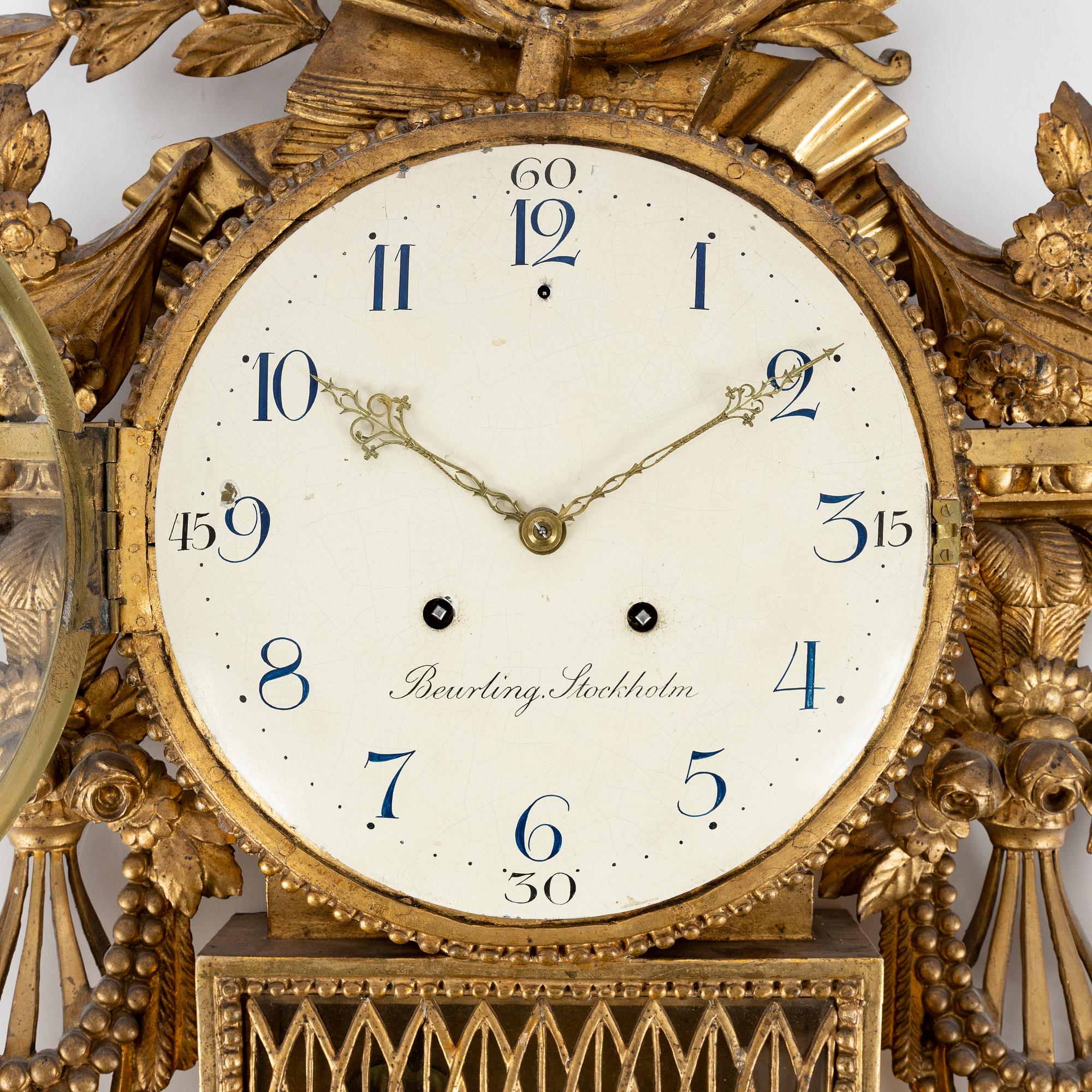A late Gustavian wall clock by Per Henrik Beurling (master in Stockholm 1783-1806).