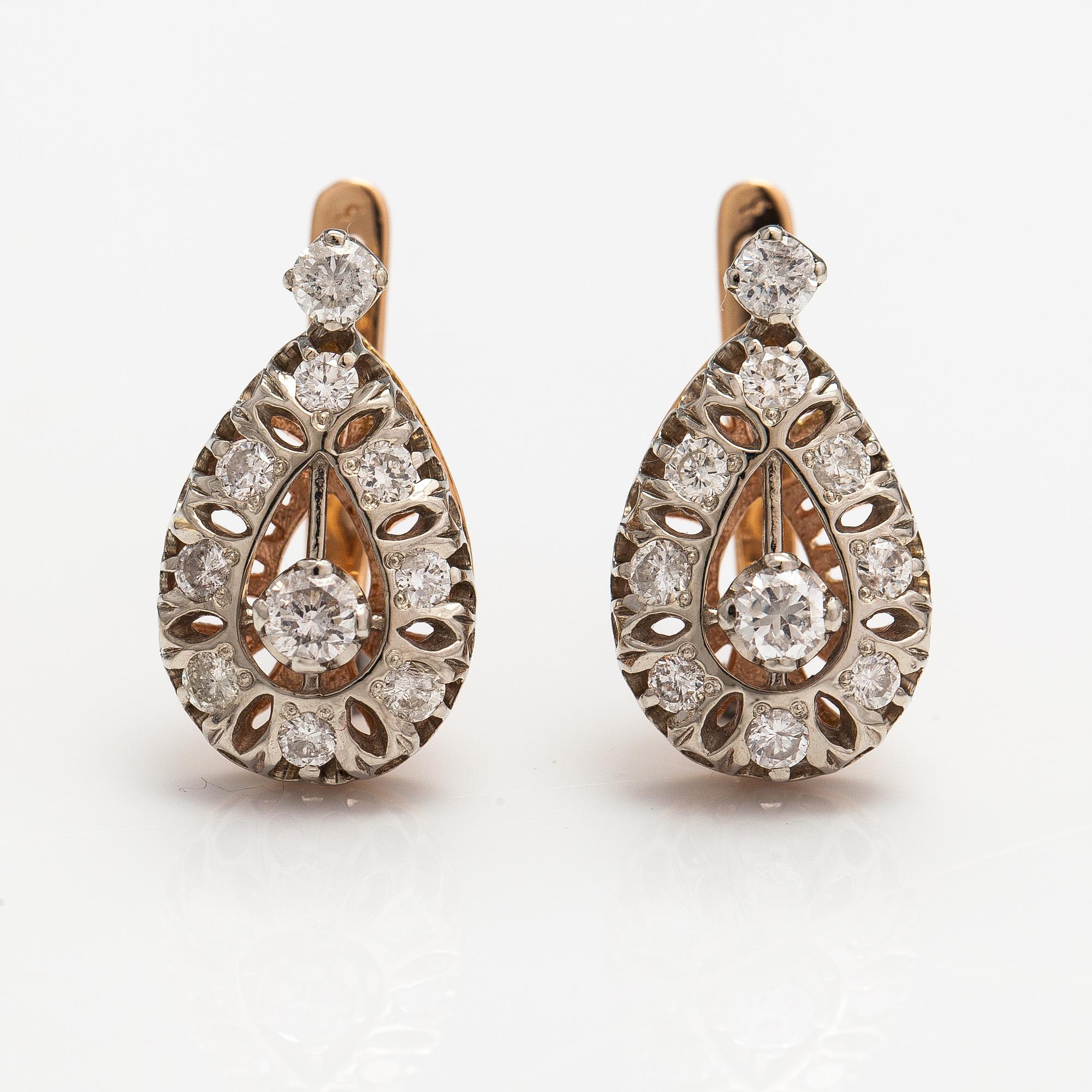 Korvakoru, 14K kultaa ja timantteja n. 0.96 ct yht. Venäjä.