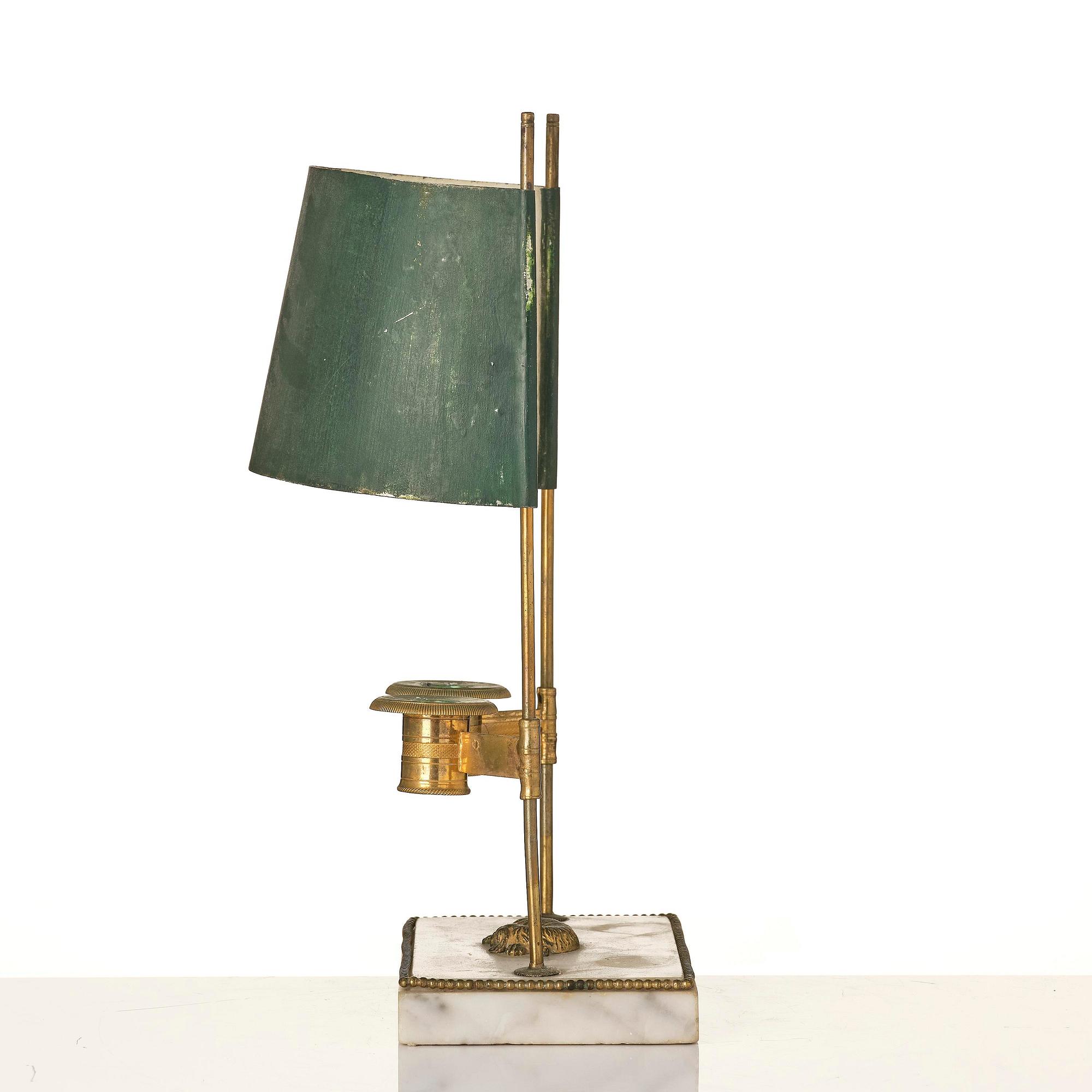 A Gusttavian gilt brass, white marble and tole two-light reading lamp, late 18th century.