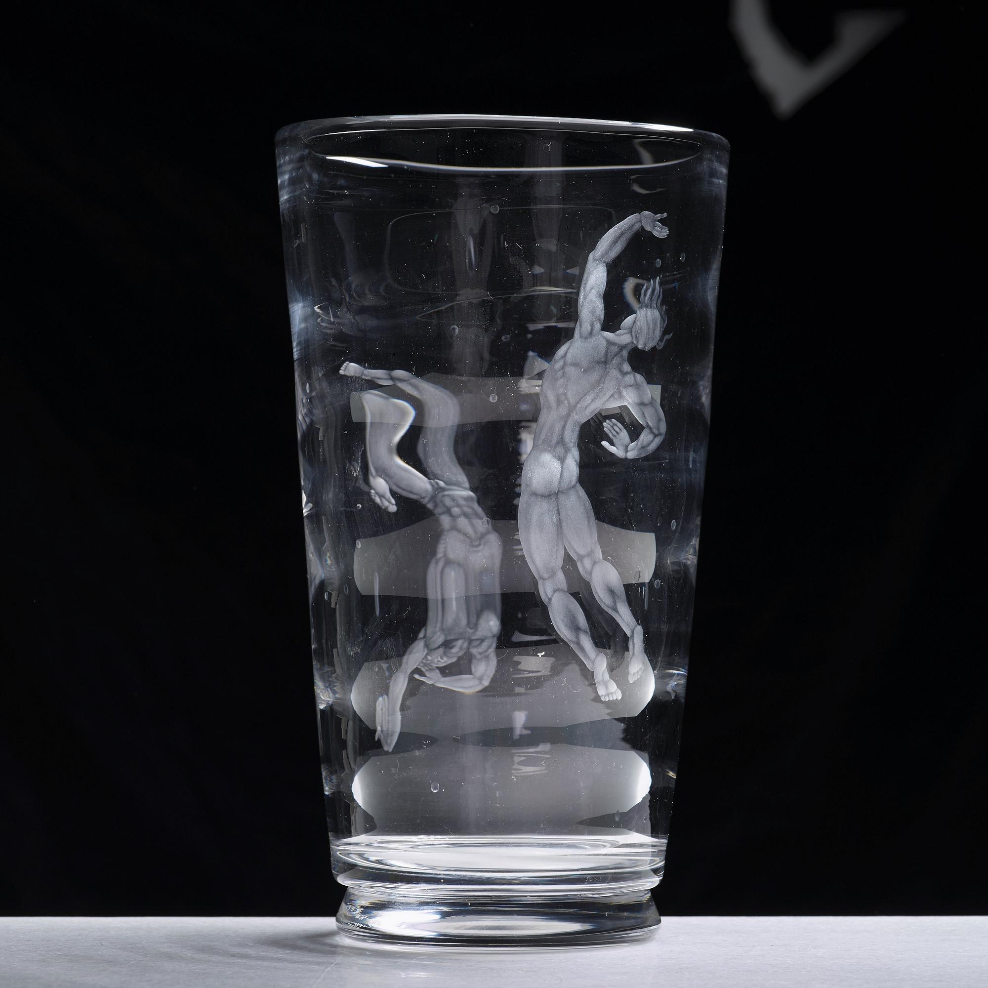 Vicke Lindstrand, an engraved "Pearl fisher" glass vase, Orrefors, Sweden 1956.