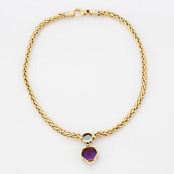 COLLIER, med briljantslipad diamant, ametist samt akvamarin.