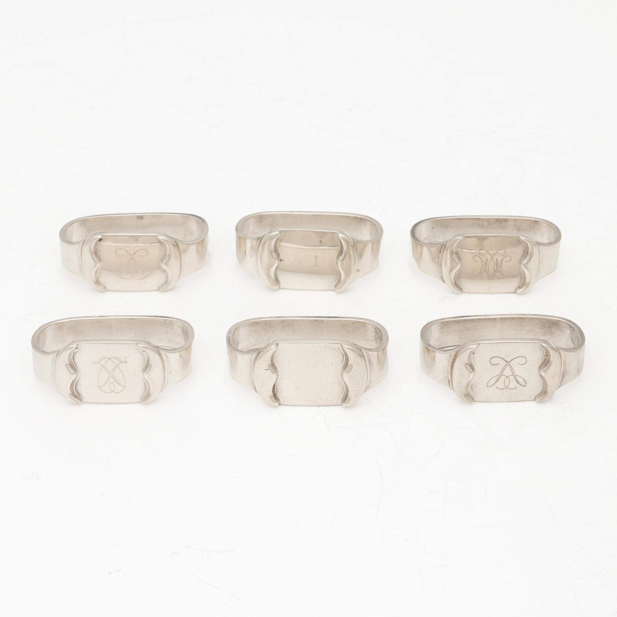 Erik Sjødahl Andersen, servettringar, 6 st, sterlingsilver, Danmark, 1900-talets senare del.