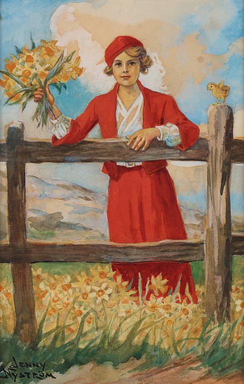 Jenny Nyström, 'Glad Påsk', Young girl with daffodils.