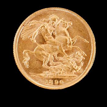 GULDMYNT, sovereign, Victoria, 1890. Vikt ca 8 gram.