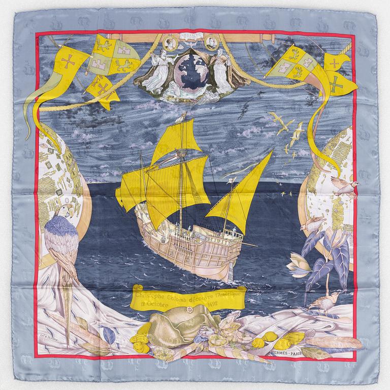 Hermès, a 'Christophe Colomb Découvre l'Amerique' jaquard silk scarf.