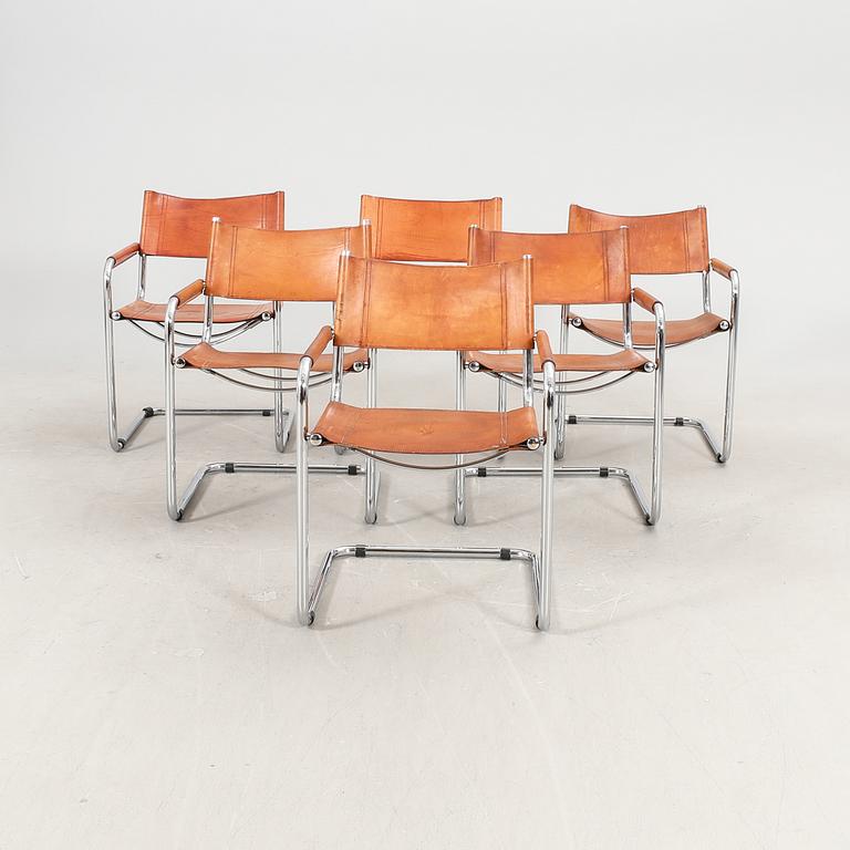 A set fo six Italian late 20th century chrome and leather armchairs.