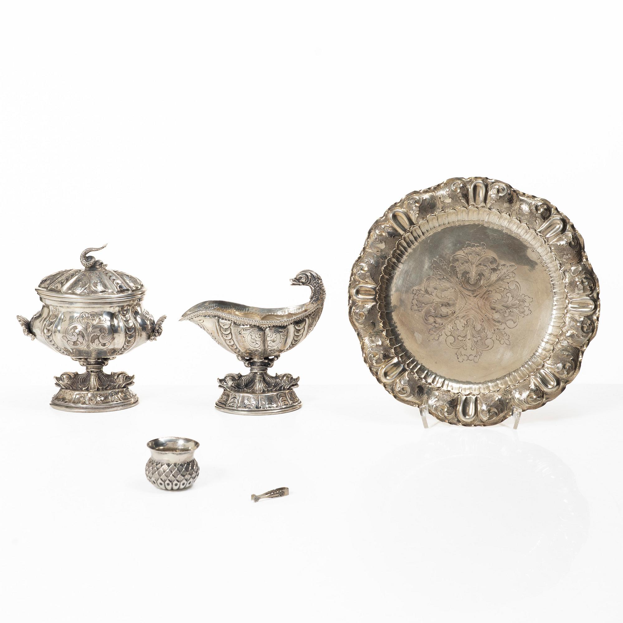 Sugar bowl, cream jug, tray, cup and miniature sugar tongs, silver, including William Mammatt & Son, Sheffield 1896.