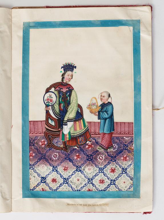 Album comprising 12 export gouaches on pith paper, portraying the Chinese court, Qing dynasty, late 19th Century.