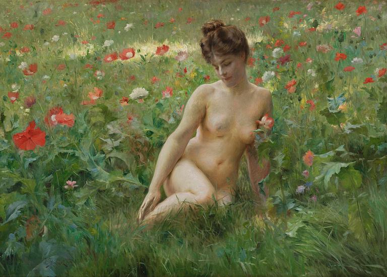 Julius Le Blanc Stewart, Poppy field with resting model.