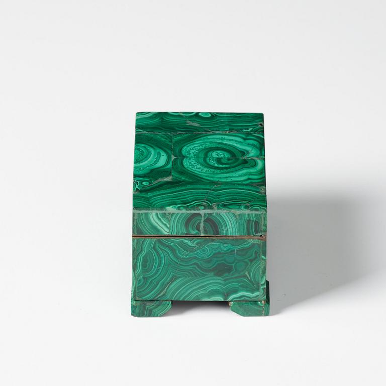 A Russian malachite-veneered box from Yekaterineburg Imperial Lapidary, circa 1900.