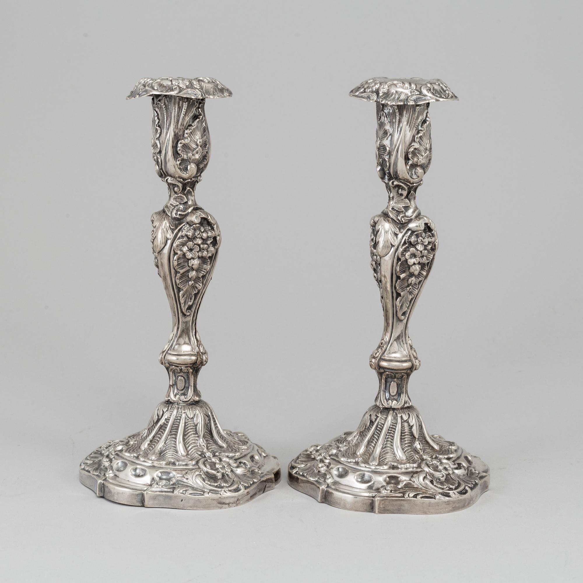 PEHR FREDRIK PALMGREN, ljusstakar, ett par, silver, nyrokoko, Stockholm, 1864.