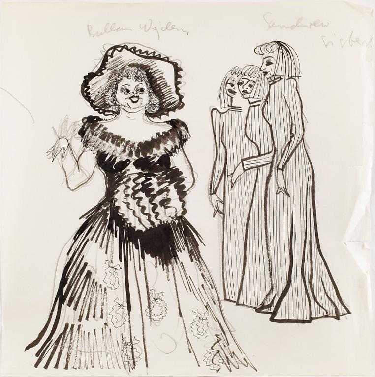 MAX GOLDSTEIN, dräktskisser, teckningar, blyertsskisser, tygprover, ca 30 st, vissa daterade o signerade.