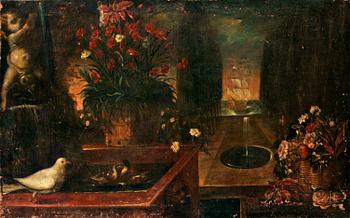 287. Abate Andrea Belvedere Hans art, Stilleben med blommor och fåglar vid en fontän.