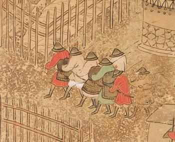 VIKSKÄRM, sex delar, tusch och akvarell på papper. Okänd Japansk konstnär, troligen 1600-tal.