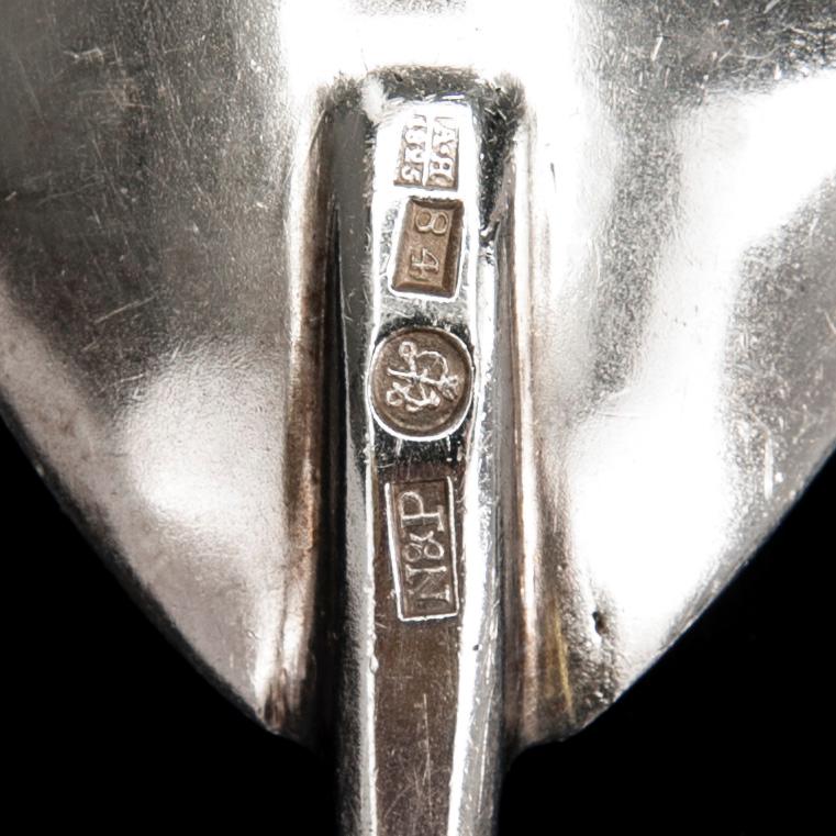 SERVERINGSBESTICK, 3 st, silver, bl.a. Kurljukov / Курлюковъ. Ryssland 1800-tal. Vikt 245,6 g.