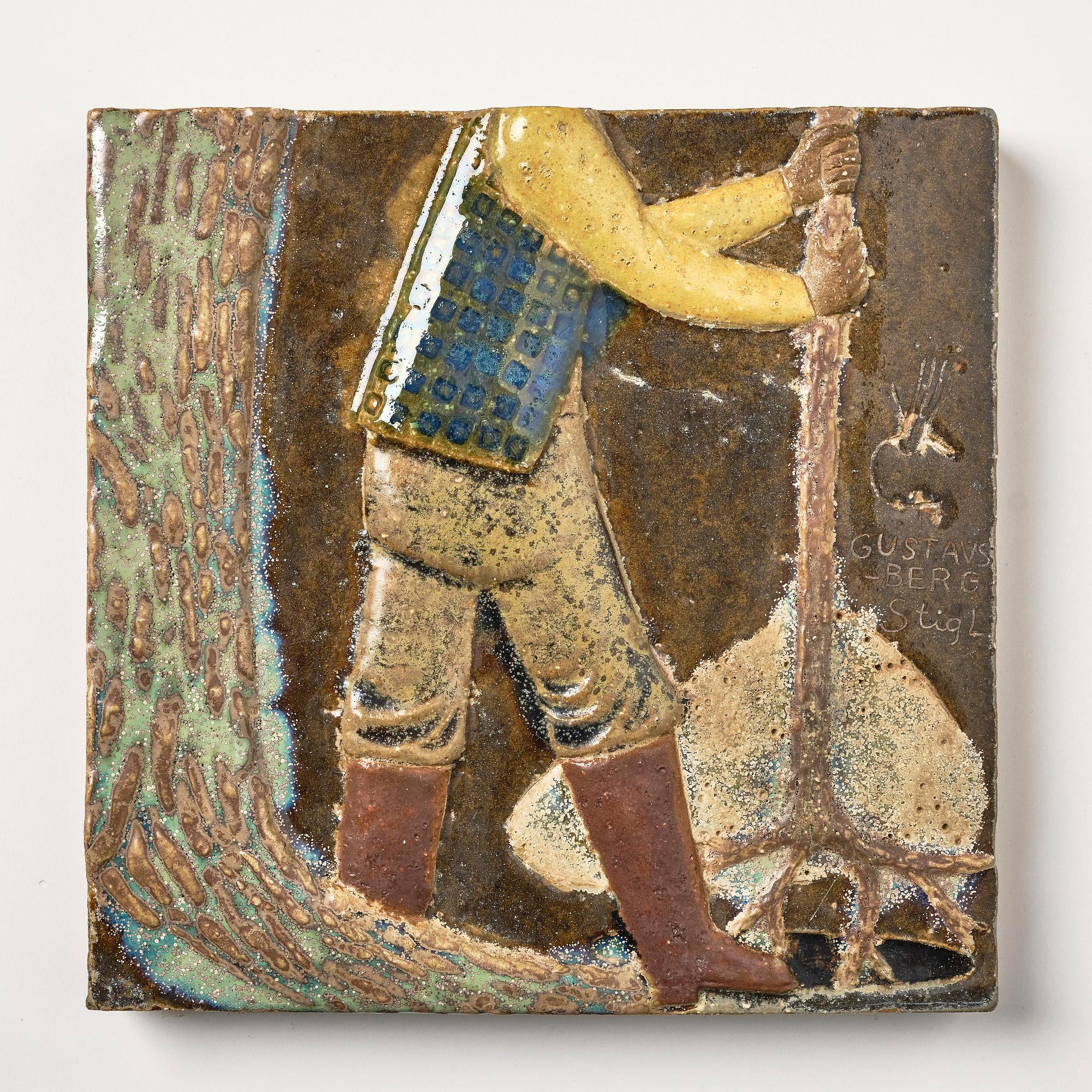 Stig Lindberg, a chamotte stoneware relief, four pieces, Gustavsberg Studio 1940s.