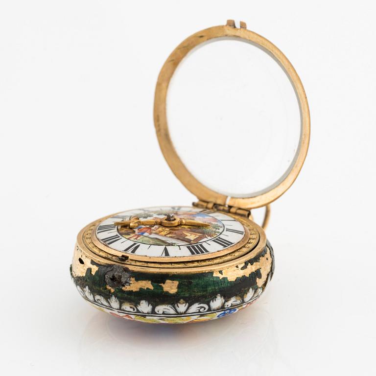 Abraham Cailliatte, a 17th century gold and enamel pocket watch, the case attributed to Pierre I Huaud.