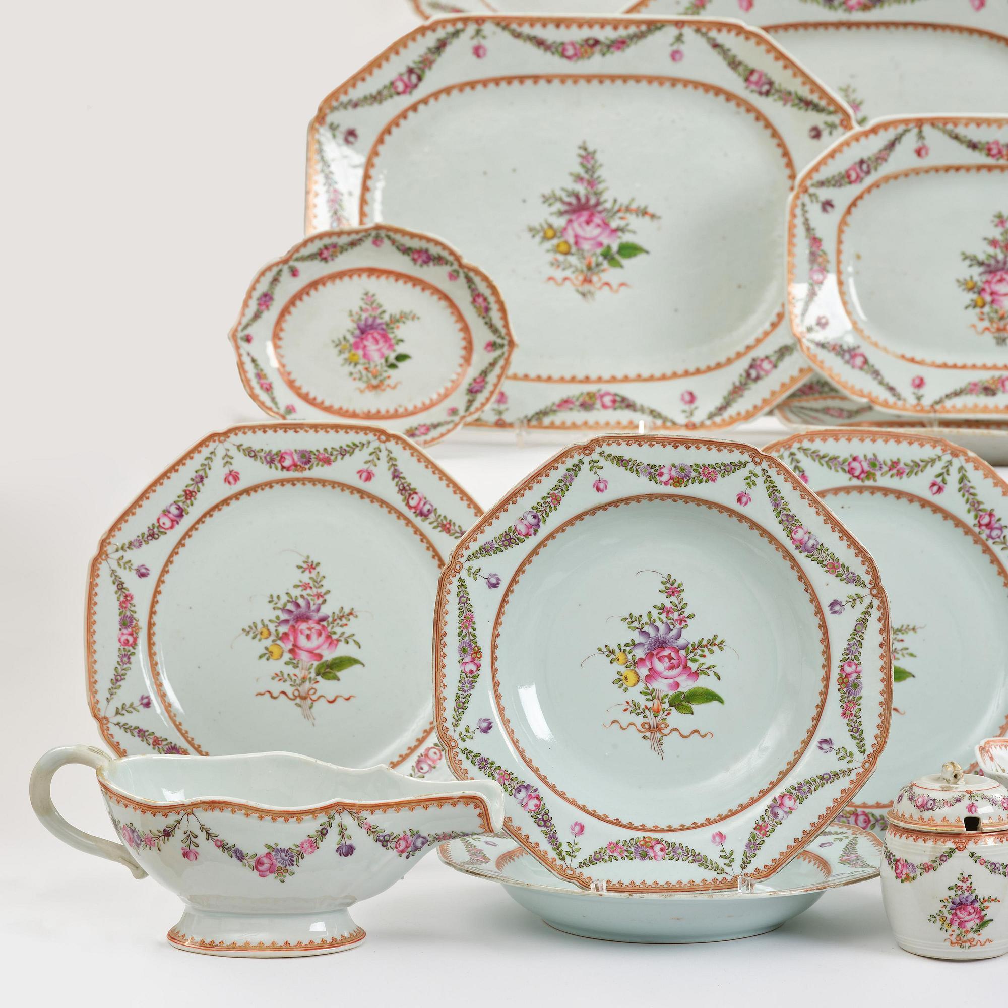 An extensive famille rose dinner service, Qing dynasty, Qianlong (1736-95). (106 pieces).