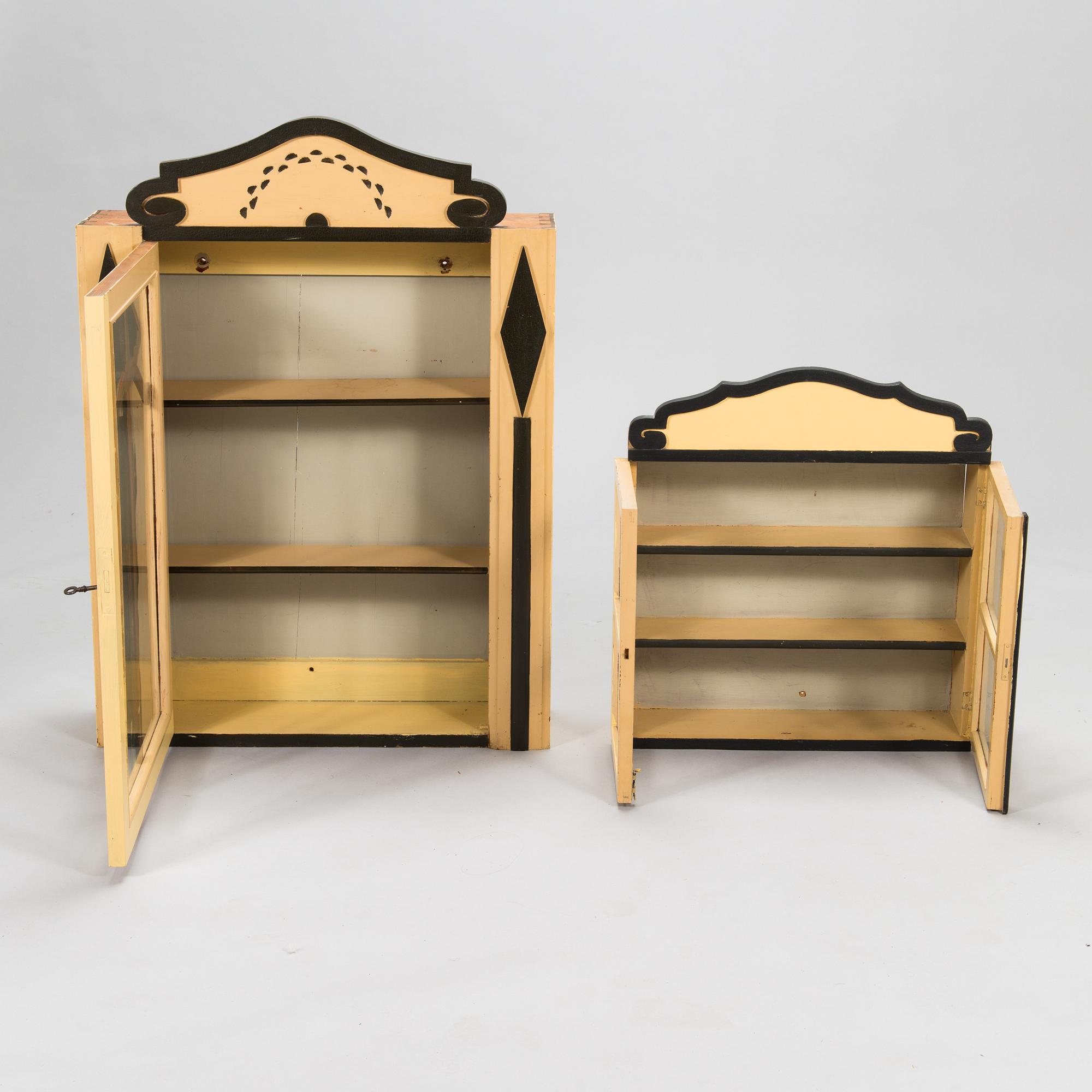 Two wall cabinets and shelves, Sagu pharmacy furniture, Finland early 20th century.