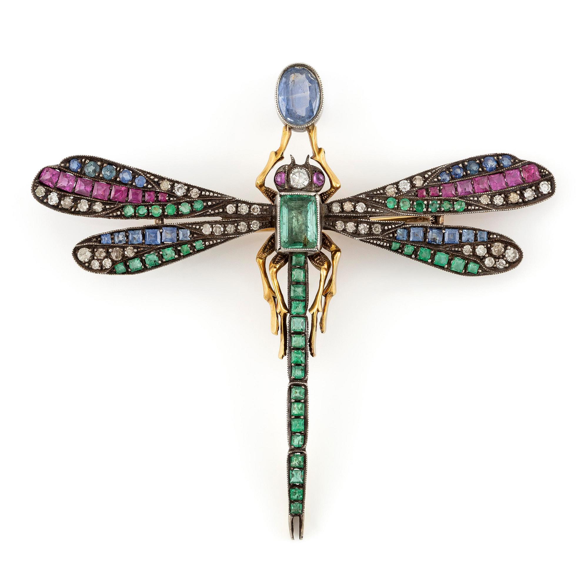 A brooch/pendant  in the form of a dragonfly with emeralds, rubies, sapphires and diamonds, Russia 1899-1908.